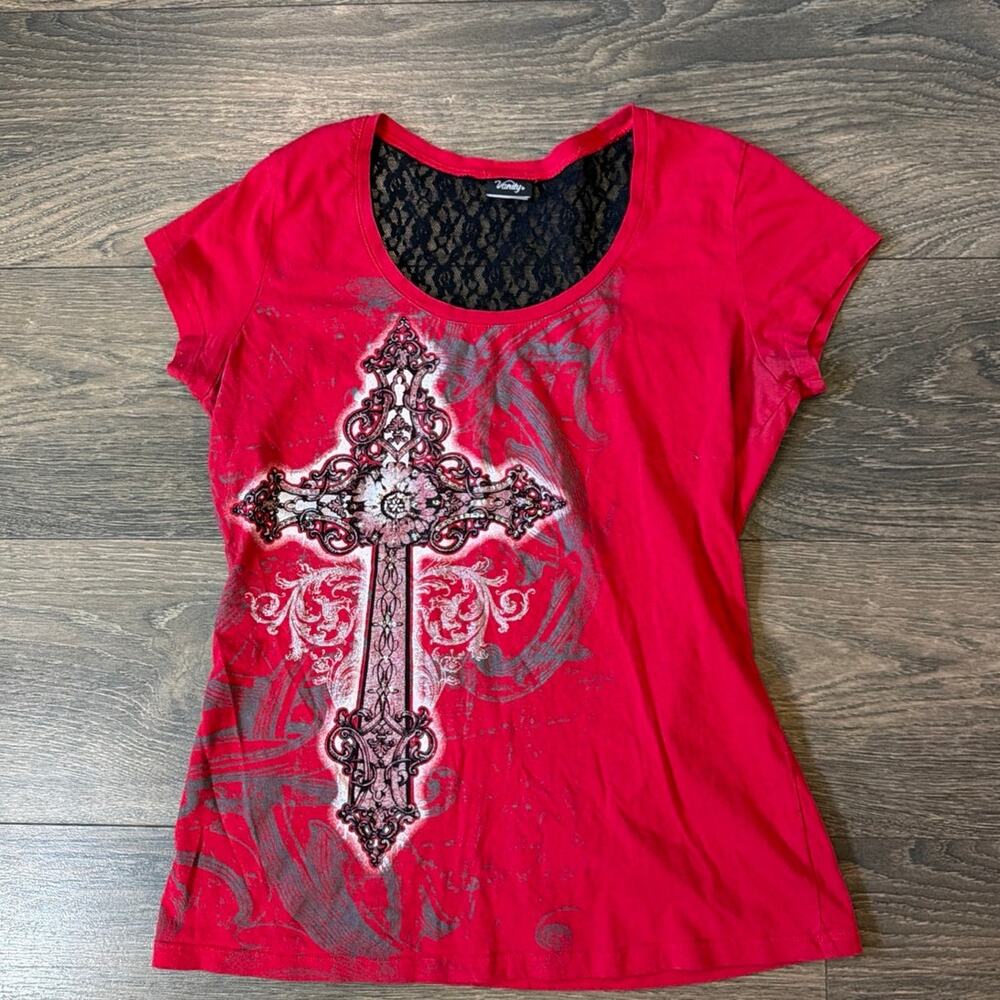 2000s Y2K Vanity Sz L Tall Red Cross Graphic Lace Tattoo Western Goth Fitted Top
